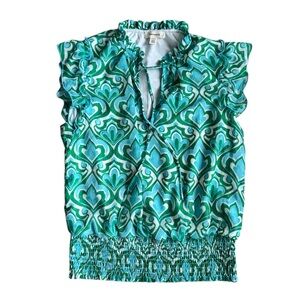Womens colorful top Green & Blue Geometric Print Ruffle Blouse – Size Medium
